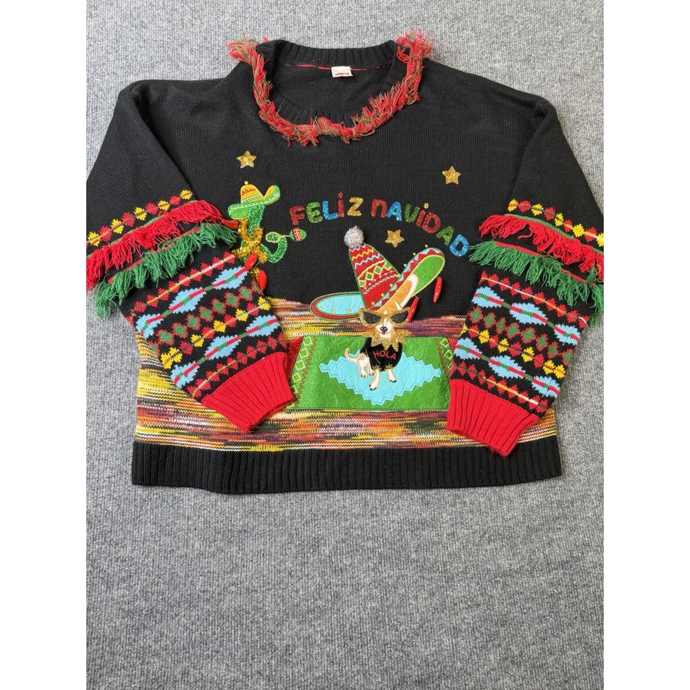 Holiday Time Women's XL Feliz Navidad‎ Ugly Christmas Sweater Chihuahua Fringe